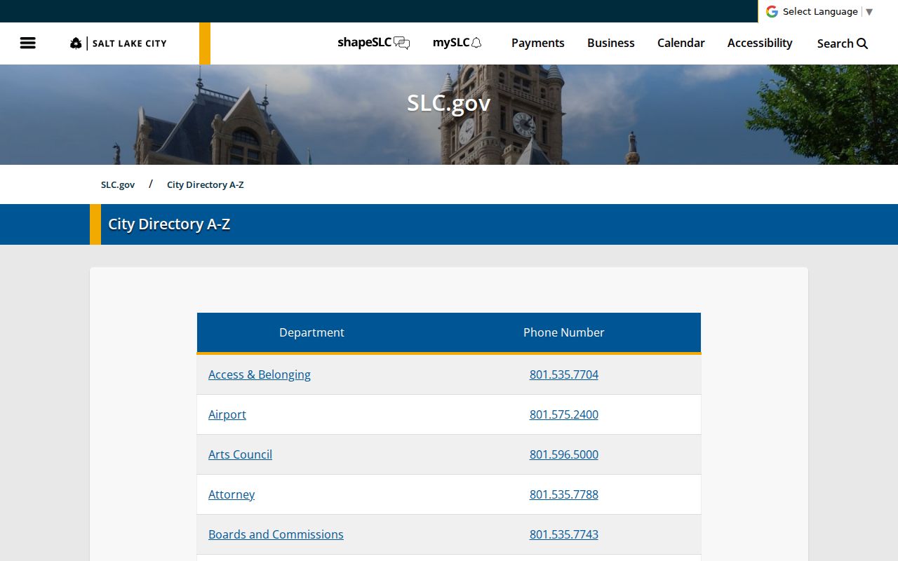 Salt Lake City people directories page for municipal services