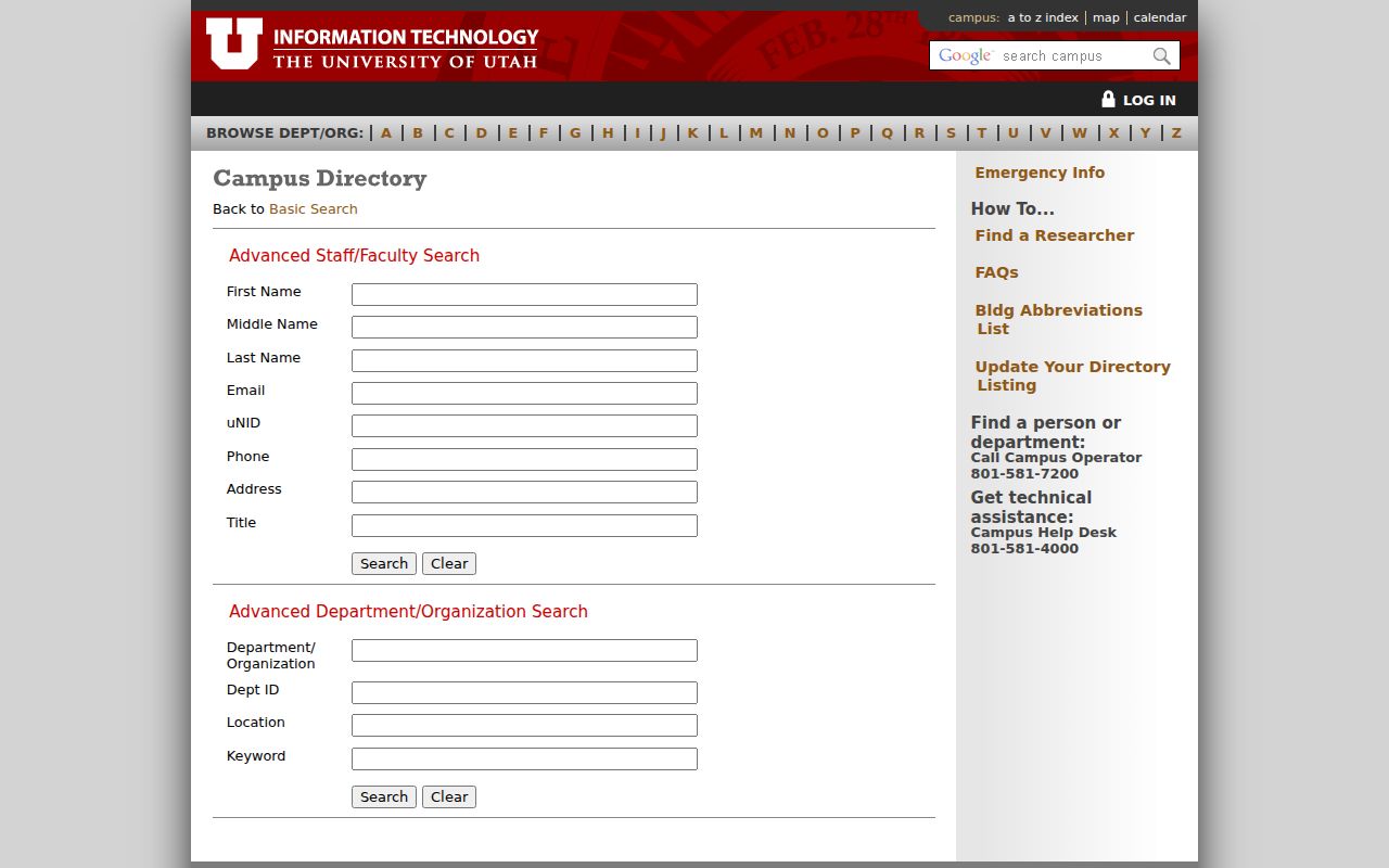 Salt Lake City people directory fields at the University of Utah