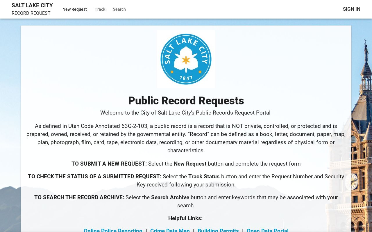 Salt Lake City public records request form in the city GRAMA portal