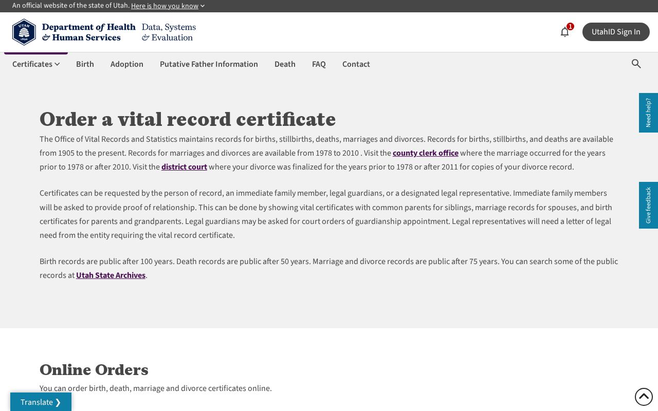 Salt Lake City public records options on the Utah vital certificate ordering page